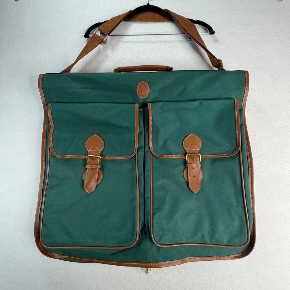 Polo Ralph Lauren Green Canvas Leather Trim Garment Bag Suit Carrier Travel Bag